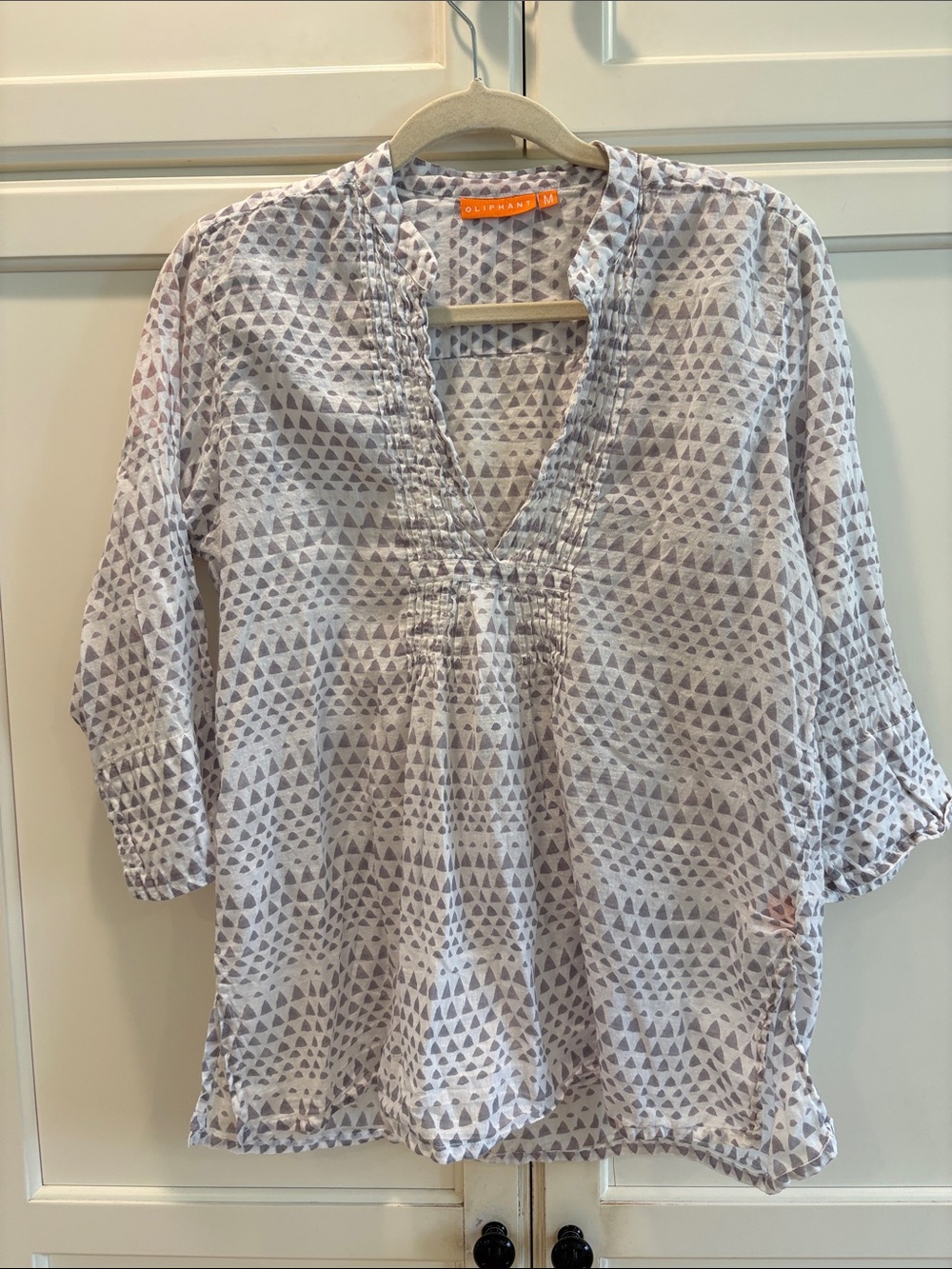 Oliphant White Tunic Top with Gray Triangle Print